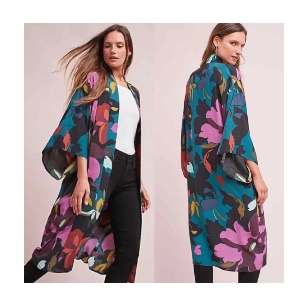 Anthropologie Maeve Kira Floral Long Kimono Duster Jacket  XS/S Boho Oversized